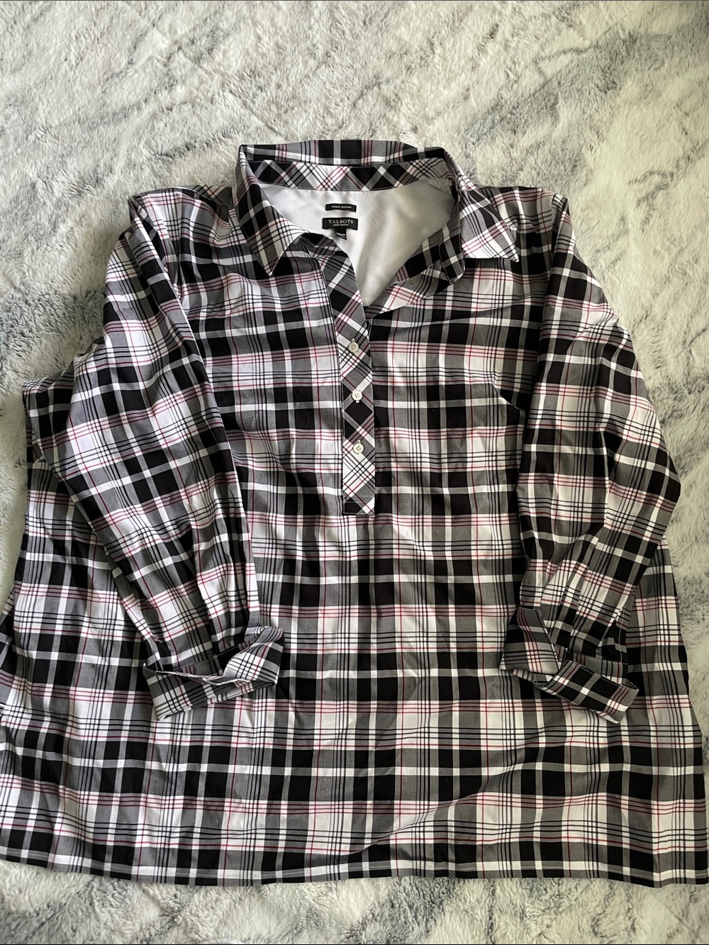 Talbots  Black White and Pink Plaid Button Popover